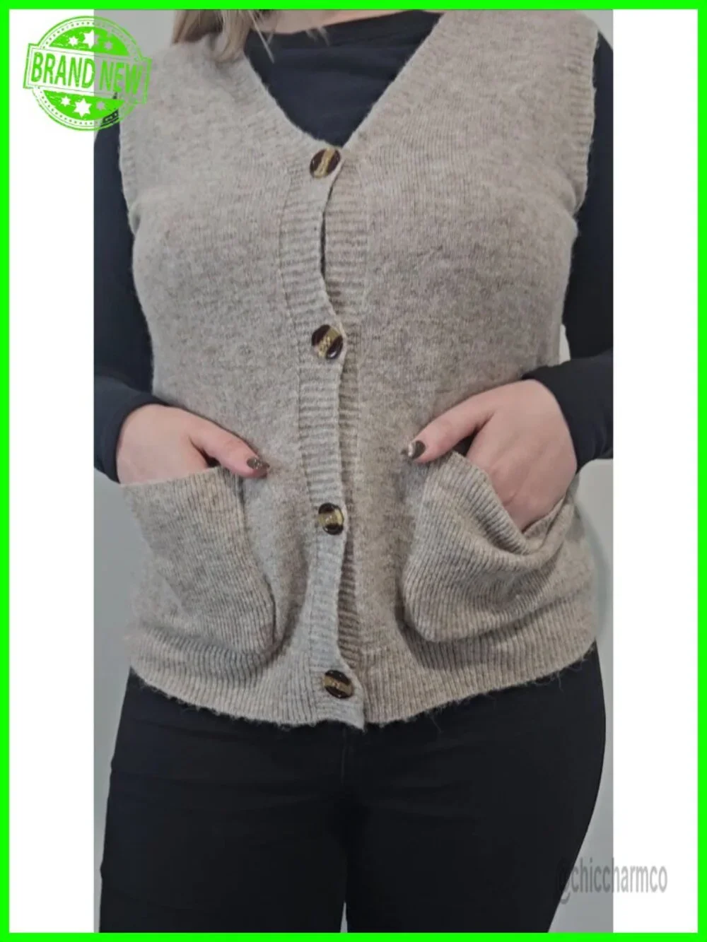 Sleeveless Sweater Vest V Neck Button Knit Cardigan with Pockets